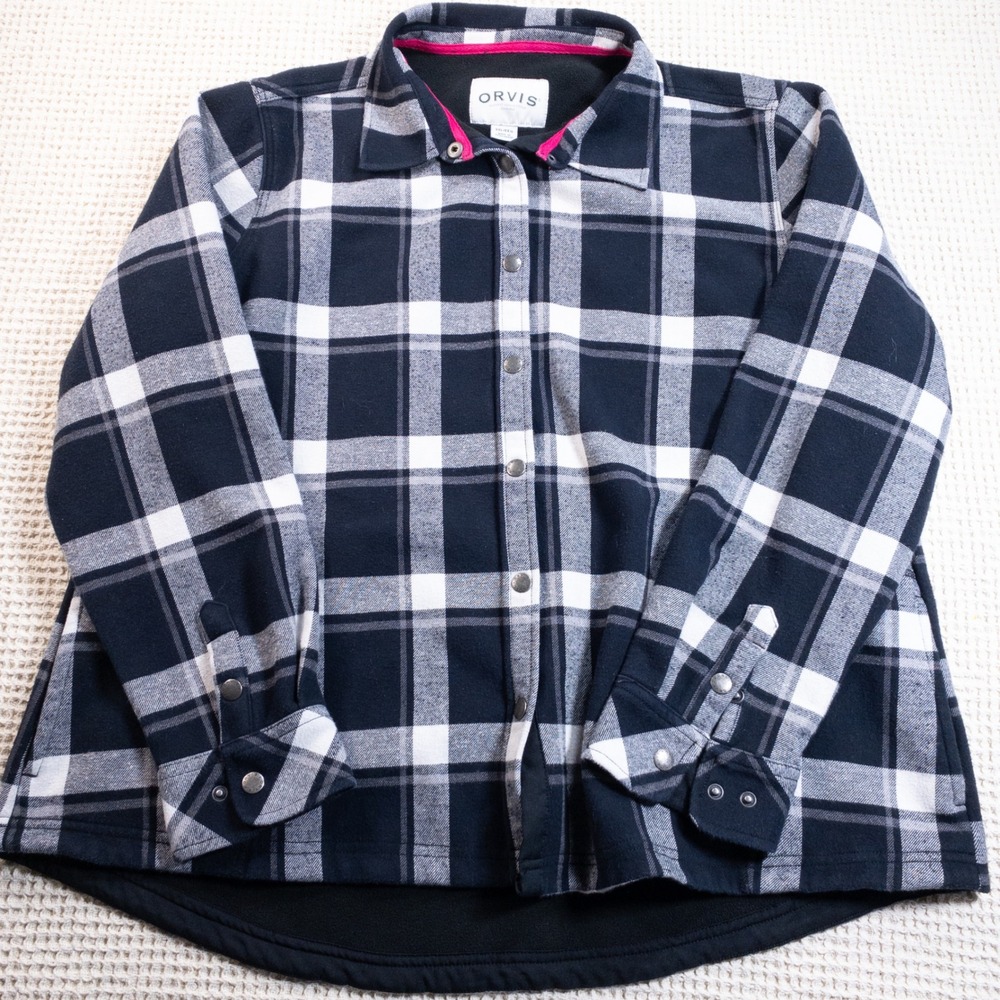 Orvis Womens XXL Fleece Lined Flannel Shirt Jacket Black White Plaid Snap Front